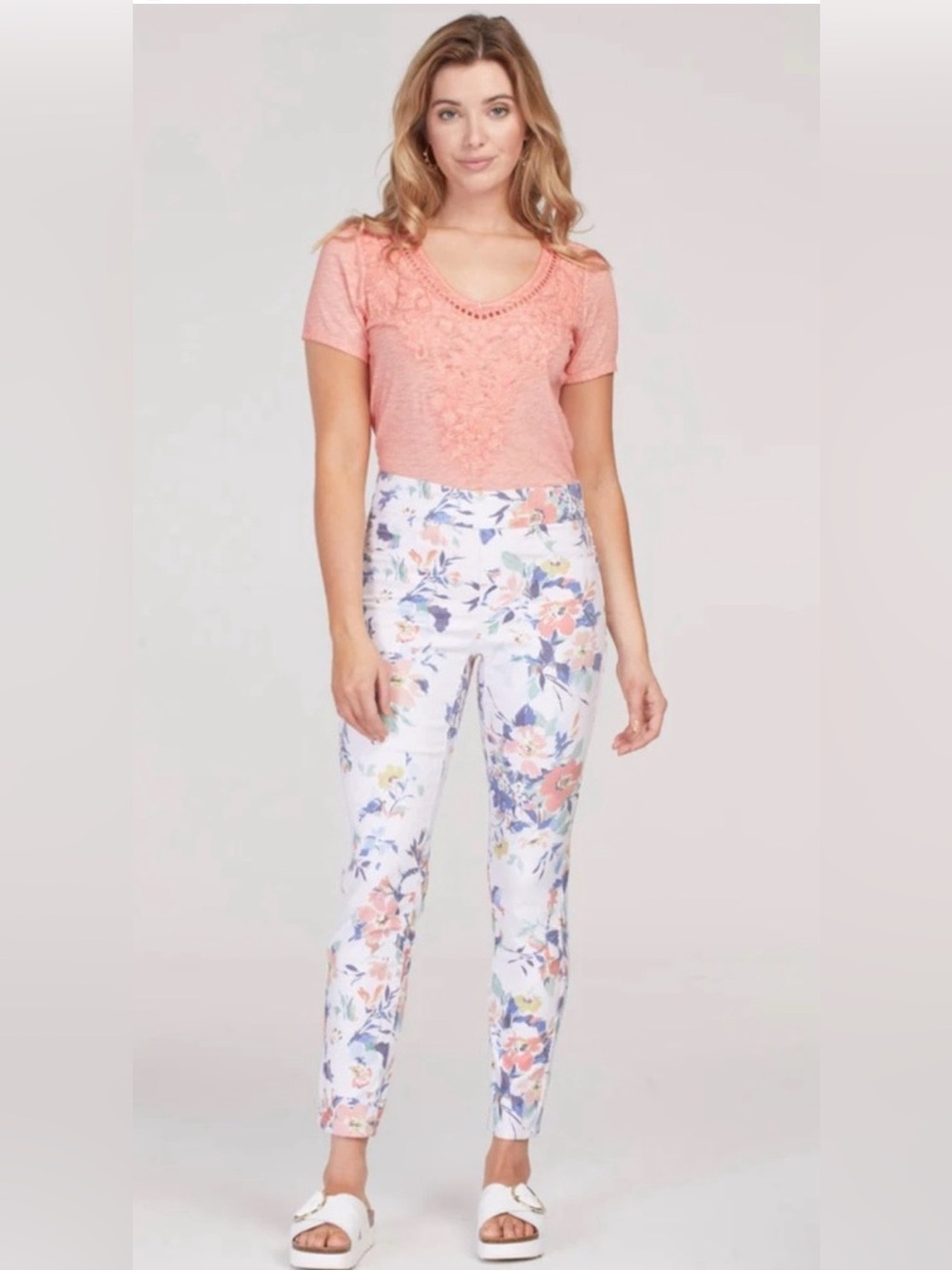 Tribal Pull On Jeans, Sz. 12, White w/ Blue/Pink Floral Design, Back Pockets